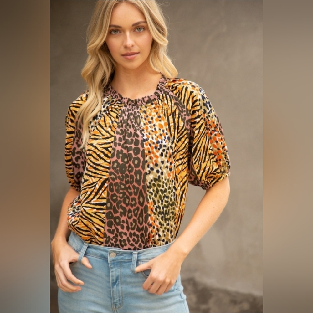 VOY Animal Print Color Block Top